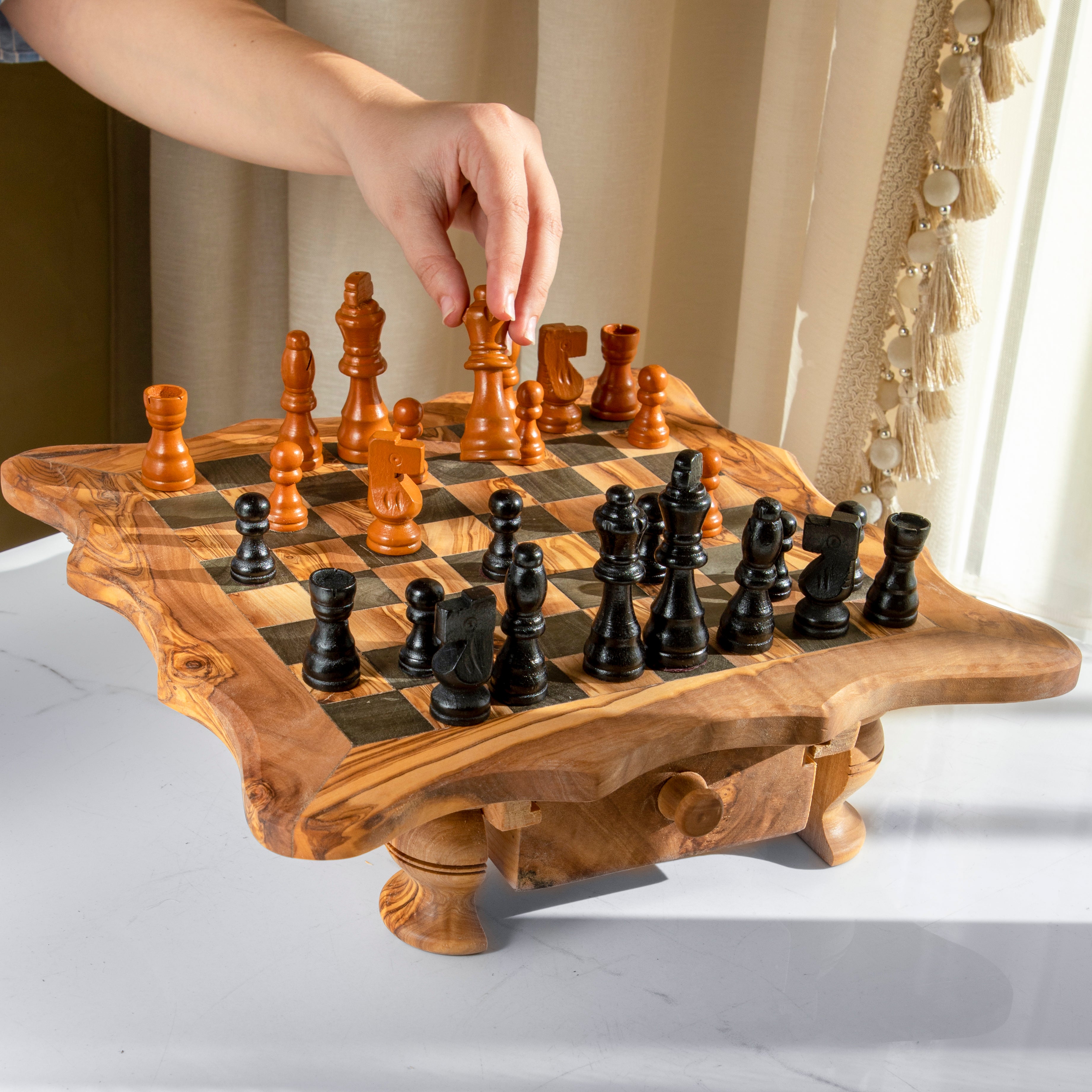 Chess Set With Wavy-Edged Board And Rustic Legs - ArtisRaw